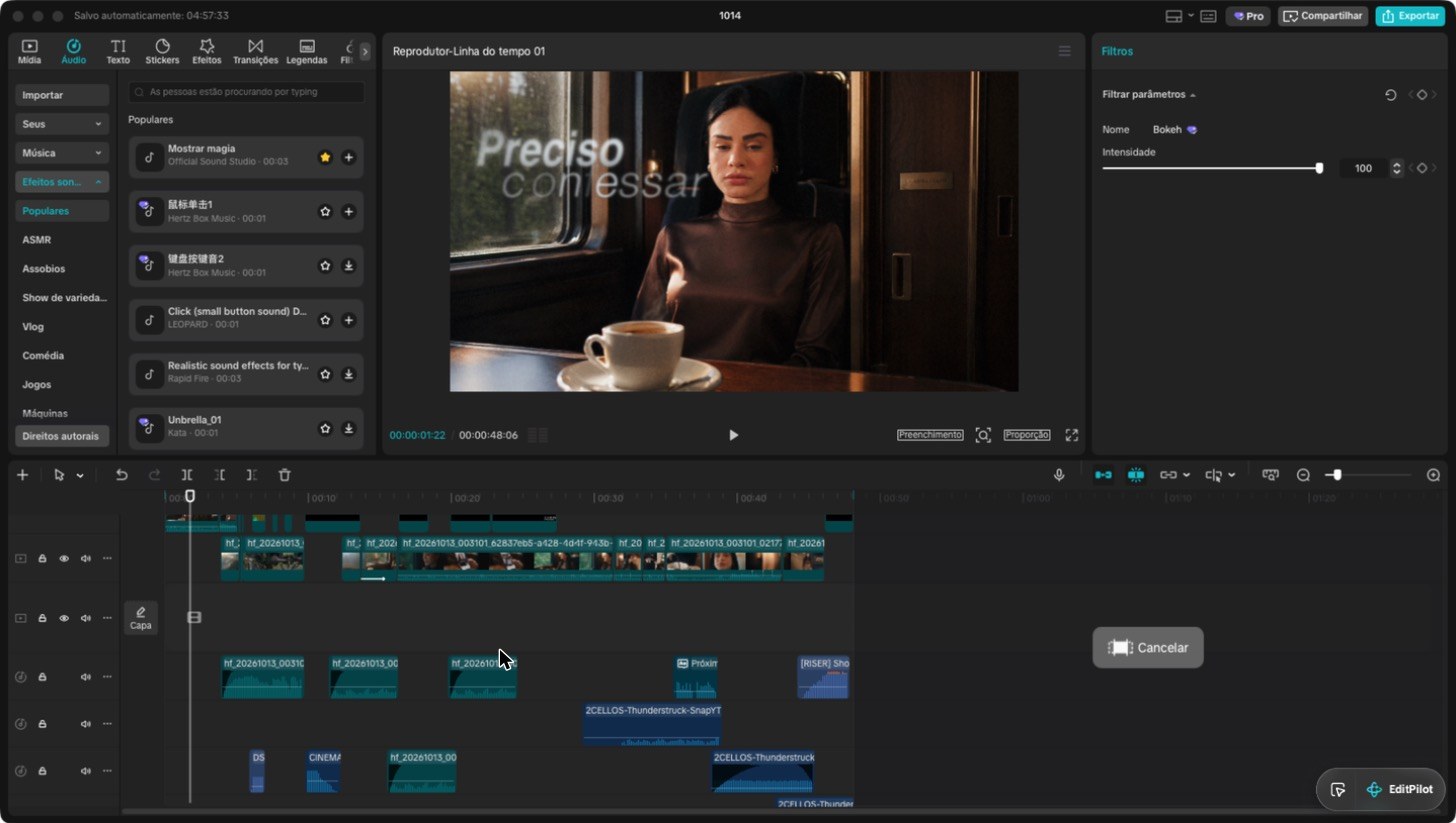 CapCut com vídeo, áudio do Seedance, trilha e efeitos sonoros